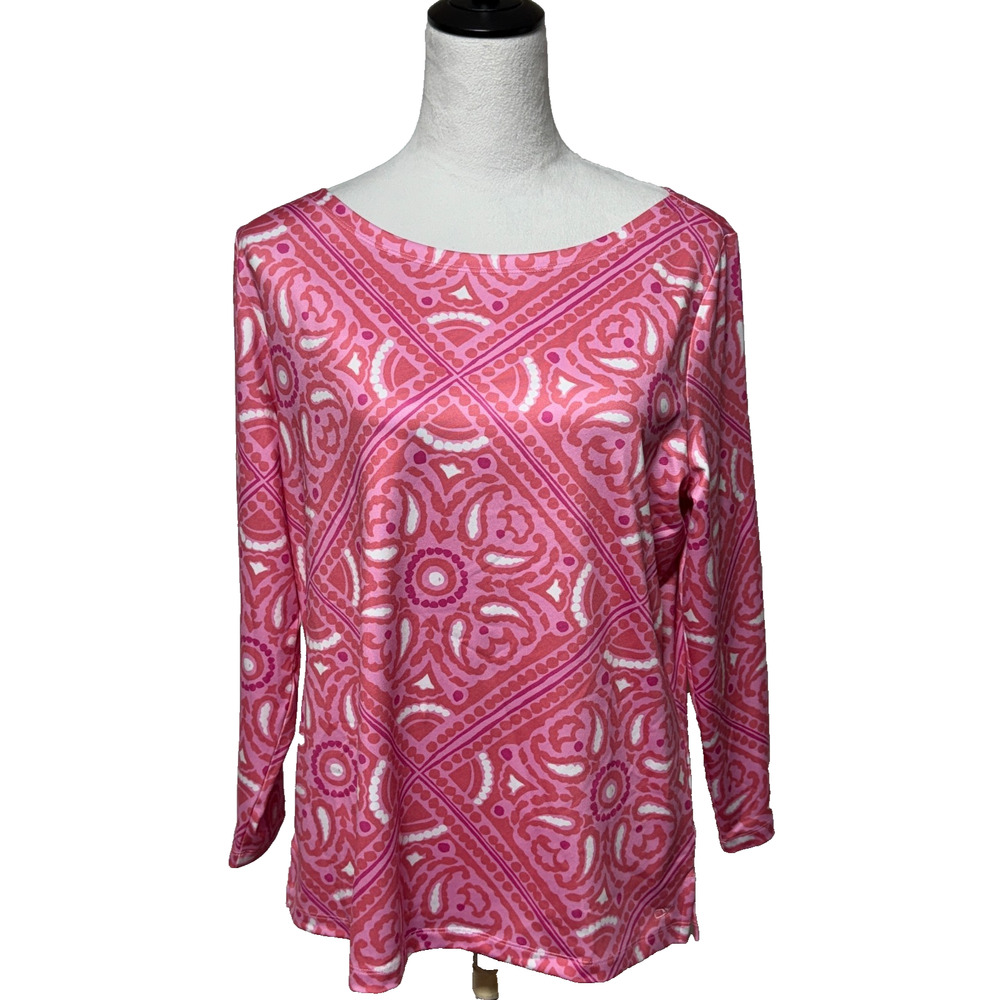 Vineyard Vines Top‎ Womens Large Pink White Geometric Boat Neck Stretch Career